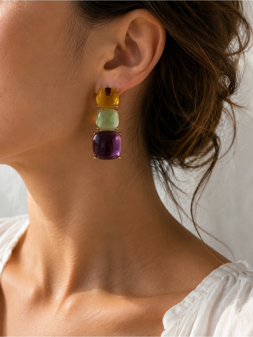 Zara Three-Glass Drop Earrings — Amber, Sage & Plum